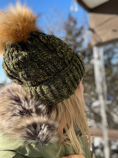 Natural Fluffy PomPom Women's Beanie Hat, Fleece Lined, Women Winter Hat, Chunky Hat, Knit Hat