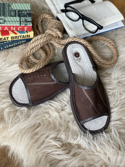 Follkee Brown Mens Slippers Slip on, Sandals, Natural Leather HandCrafted