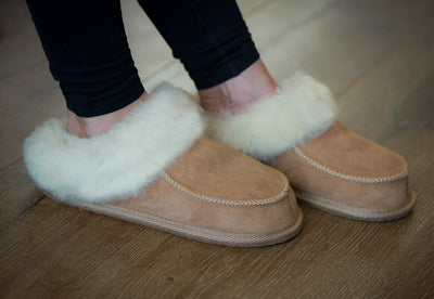 Follkee Women's Slippers Slip on Beige 100% Wool Leather Handcrafted Luxury